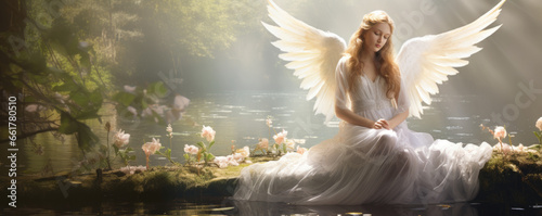 Ethereal and heavenly guardian angel watching over a peaceful scene photo