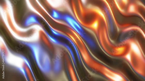 Liquid chrome waves background  shiny texture of metallic pattern with reflected multicolored lights.