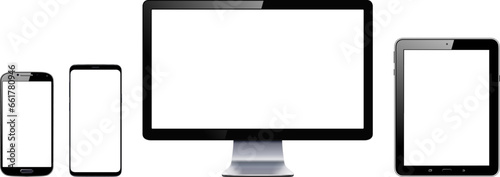 Monitor, smartphone and tablet device screen mockup isolated on white.