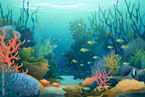 An aquatic scene with subaqueous elements like coral reefs, colorful fishes, and clear blue water. Generative AI