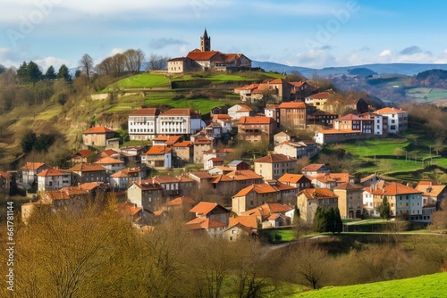 Villaviciosa town in Asturias, Spain with a scenic background. Generative AI photo