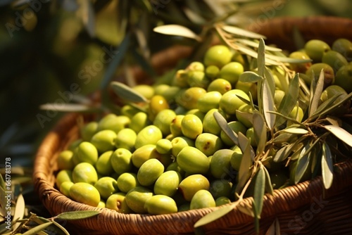 Olive harvest - fresh pile of olives close up  green fruits on net  sunny day in Greece. Generative AI