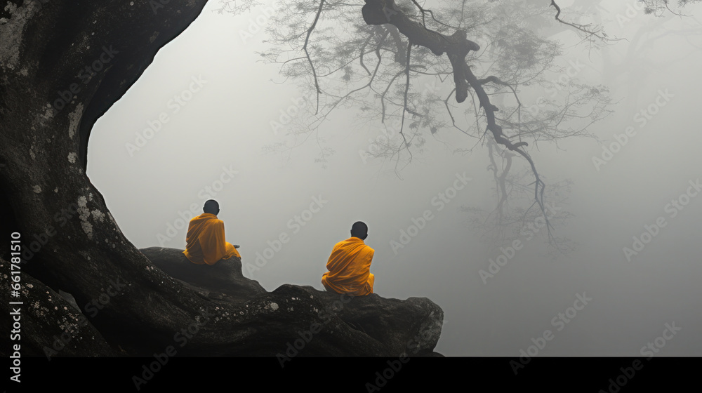Group of Buddhist monks in meditation with beautiful nature background - obrazy, fototapety, plakaty 