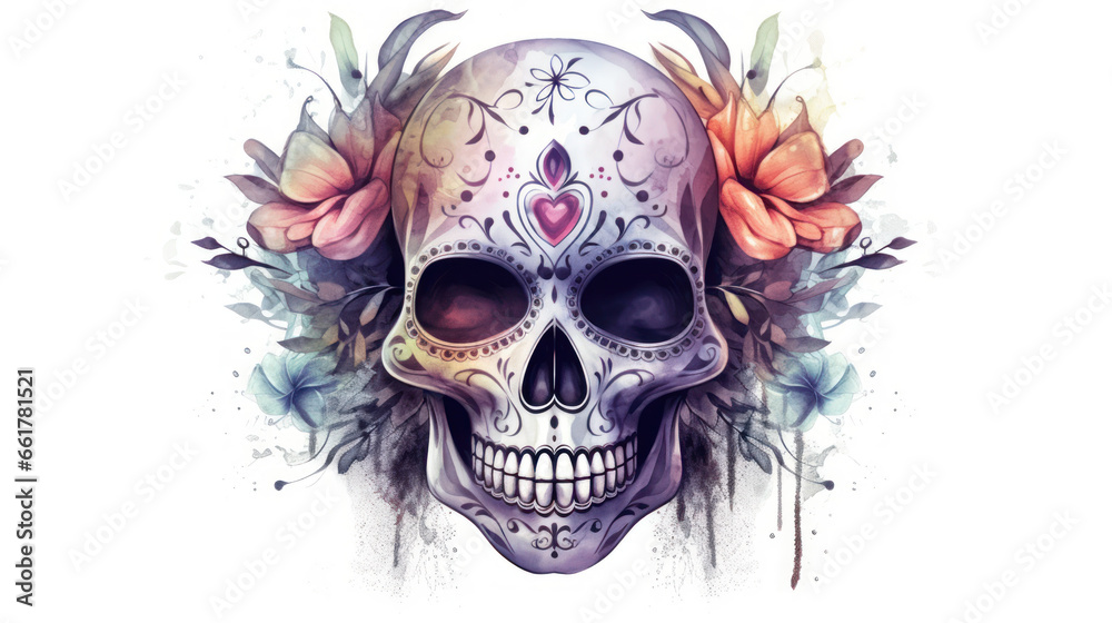 Watercolor painting in shades of gray of a sugar skull or Mexican catrina. Day of the Dead