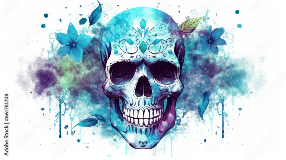 Watercolor painting in shades of cyan of a sugar skull or Mexican catrina. Day of the Dead