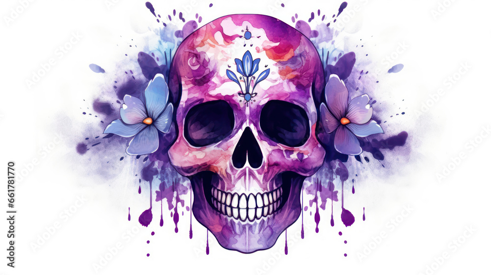 Fototapeta premium Watercolor painting in shades of violet of a sugar skull or Mexican catrina. Day of the Dead