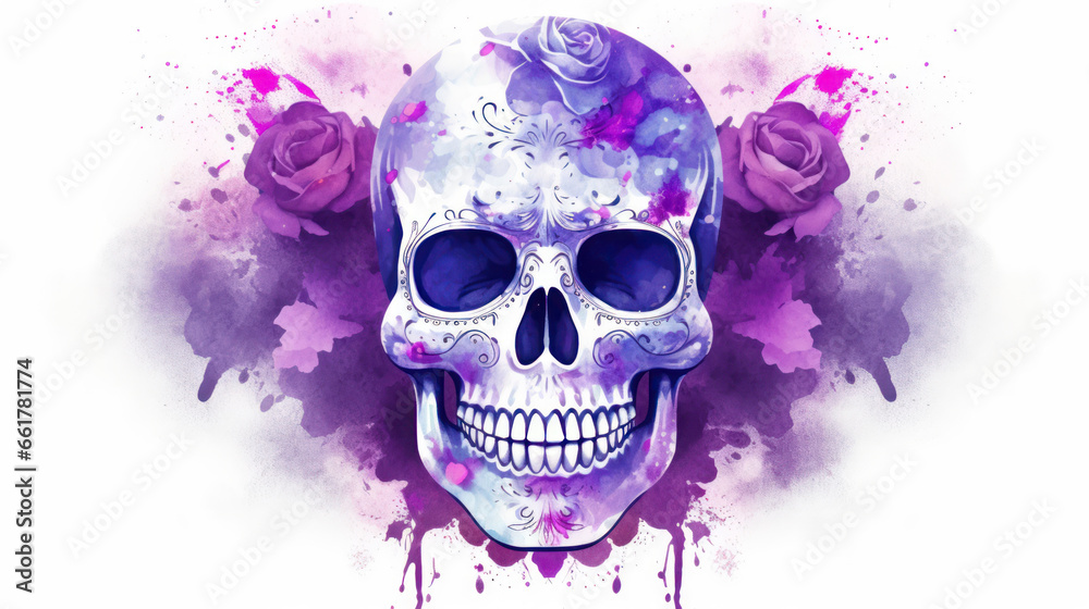 Fototapeta premium Watercolor painting in shades of violet of a sugar skull or Mexican catrina. Day of the Dead