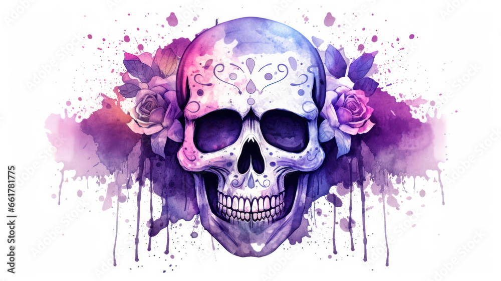 Fototapeta premium Watercolor painting in shades of violet of a sugar skull or Mexican catrina. Day of the Dead