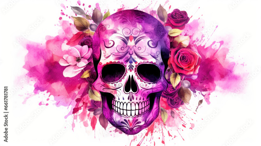 Fototapeta premium Watercolor painting in shades of fuchsia of a sugar skull or Mexican catrina. Day of the Dead