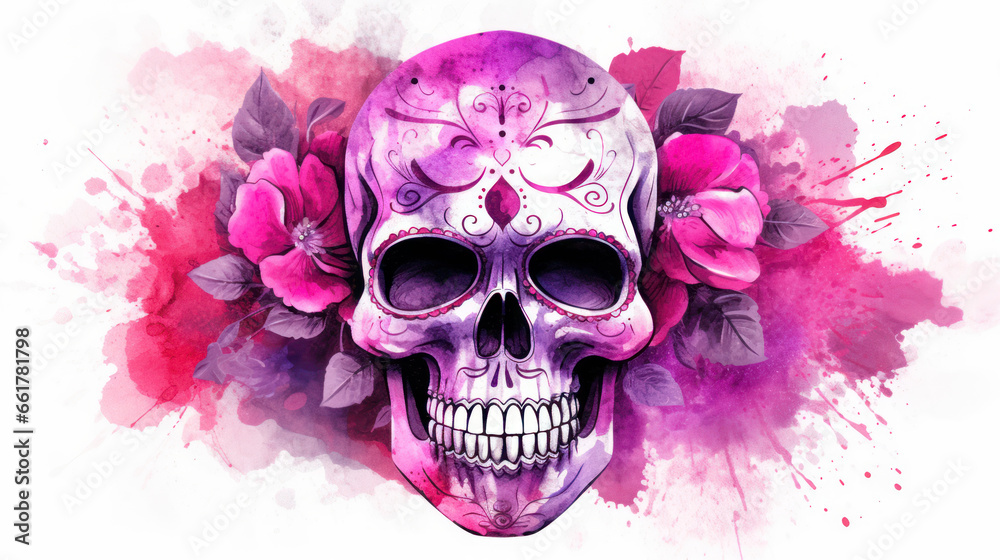 Fototapeta premium Watercolor painting in shades of magenta of a sugar skull or Mexican catrina. Day of the Dead