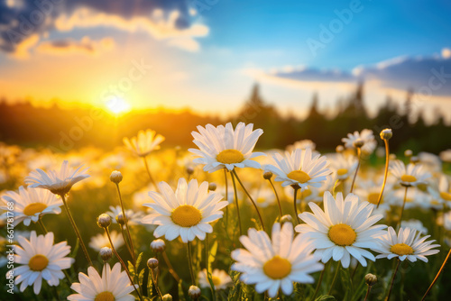 Field of daisies with sunshine