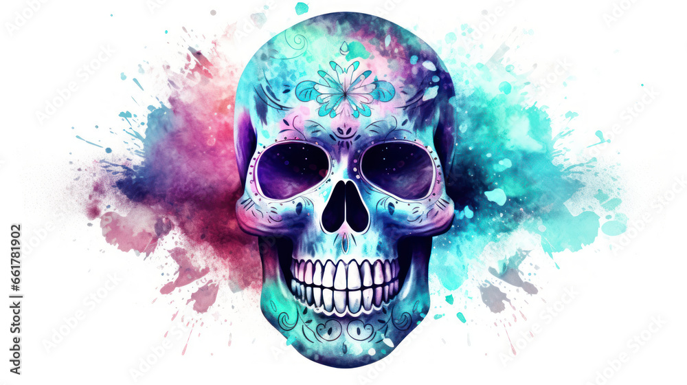 Fototapeta premium Watercolor painting in shades of aqua of a sugar skull or Mexican catrina. Day of the Dead