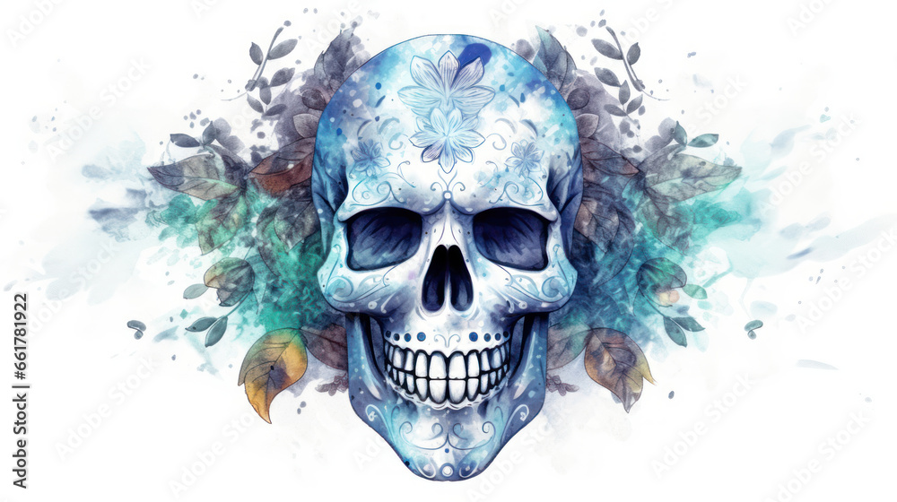 Fototapeta premium Watercolor painting in shades of azure of a sugar skull or Mexican catrina. Day of the Dead