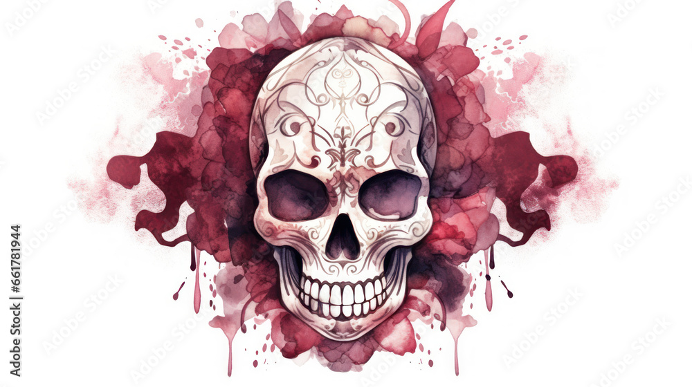 Fototapeta premium Watercolor painting in shades of dark maroon of a sugar skull or Mexican catrina. Day of the Dead