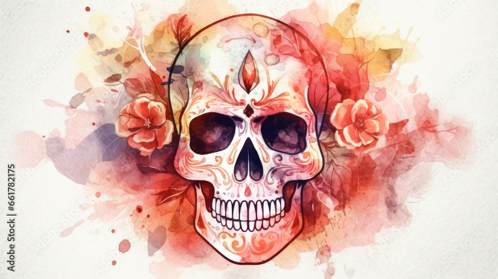 Fototapeta premium Watercolor painting in shades of light red of a sugar skull or Mexican catrina. Day of the Dead
