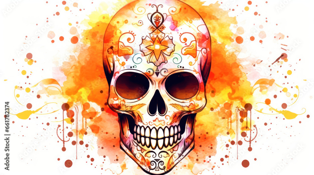 Watercolor painting in shades of vivid orange of a sugar skull or Mexican catrina. Day of the Dead