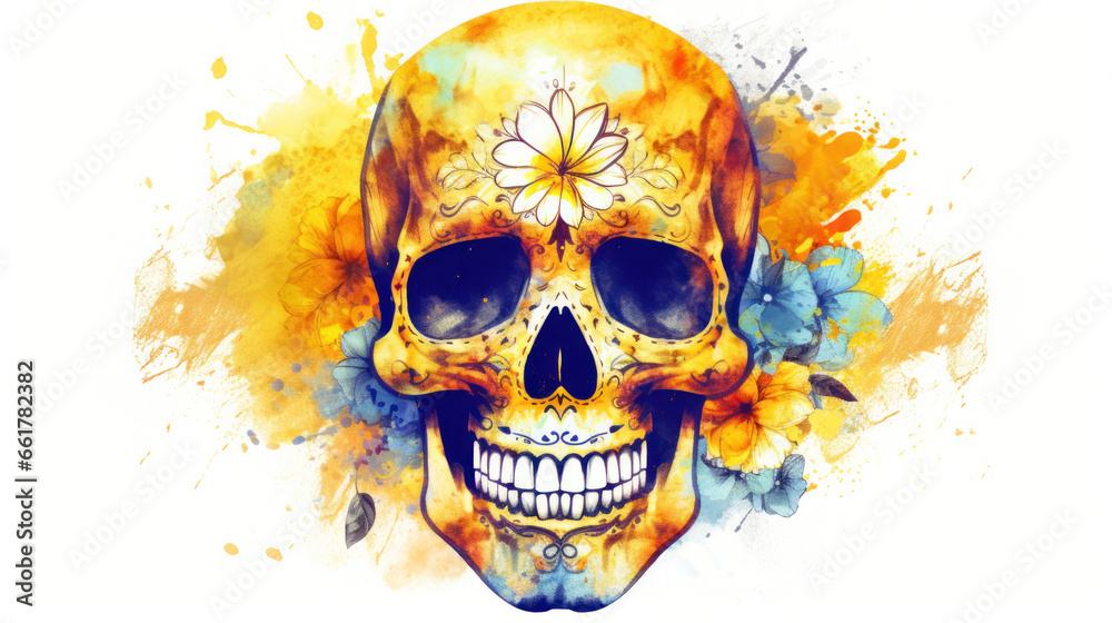 Fototapeta premium Watercolor painting in shades of vivid yellow of a sugar skull or Mexican catrina. Day of the Dead