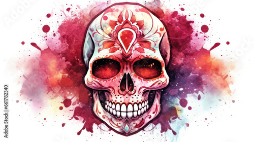 Watercolor painting in shades of vivid maroon of a sugar skull or Mexican catrina. Day of the Dead