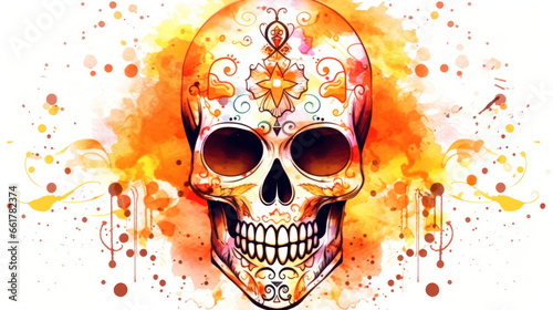 Watercolor painting in shades of vivid orange of a sugar skull or Mexican catrina. Day of the Dead © darkredmon