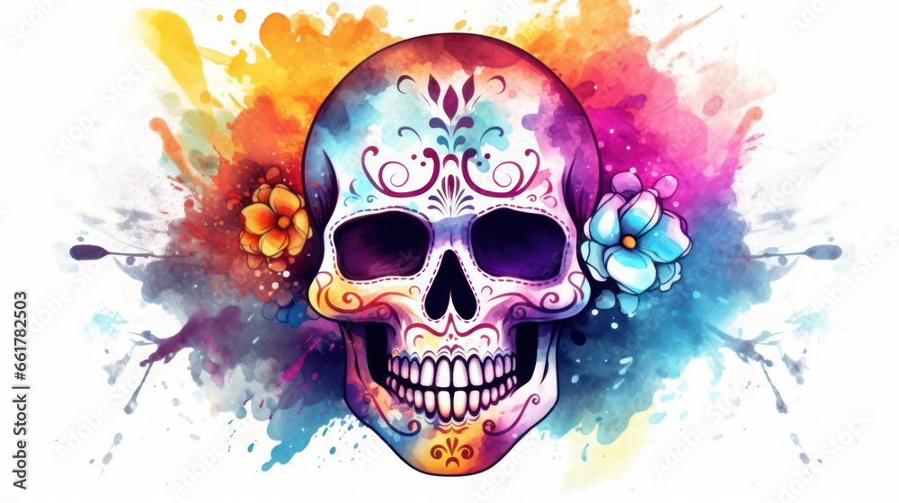 Fototapeta premium Watercolor painting in shades of colorful of a sugar skull or Mexican catrina. Day of the Dead