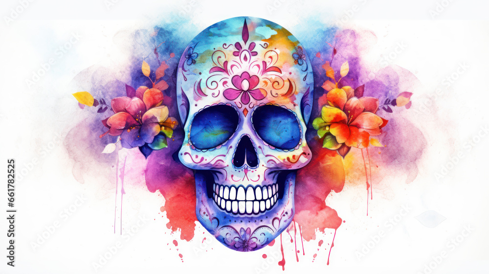 Fototapeta premium Watercolor painting in shades of colorful of a sugar skull or Mexican catrina. Day of the Dead