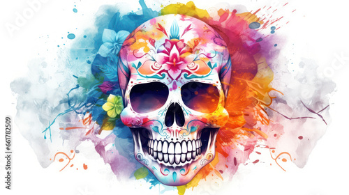 Watercolor painting in shades of colorful of a sugar skull or Mexican catrina. Day of the Dead