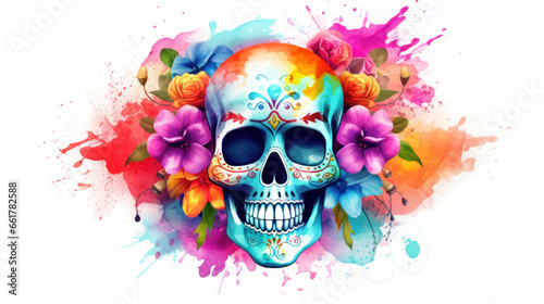 Watercolor painting in shades of colorful of a sugar skull or Mexican catrina. Day of the Dead photo