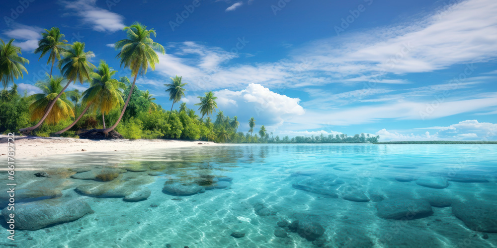 Fototapeta premium Tropical island sandy beach with palm trees
