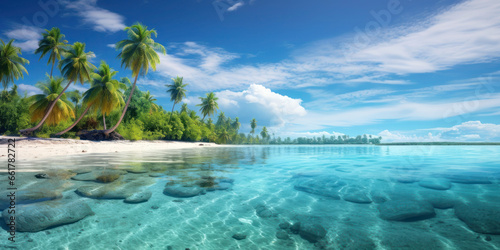 Tropical island sandy beach with palm trees