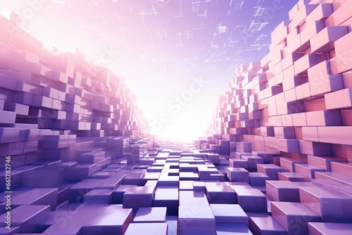 Orderly arranged varied-sized brick structure with violet and white tones against a futuristic tech backdrop. Digitally created. Generative AI