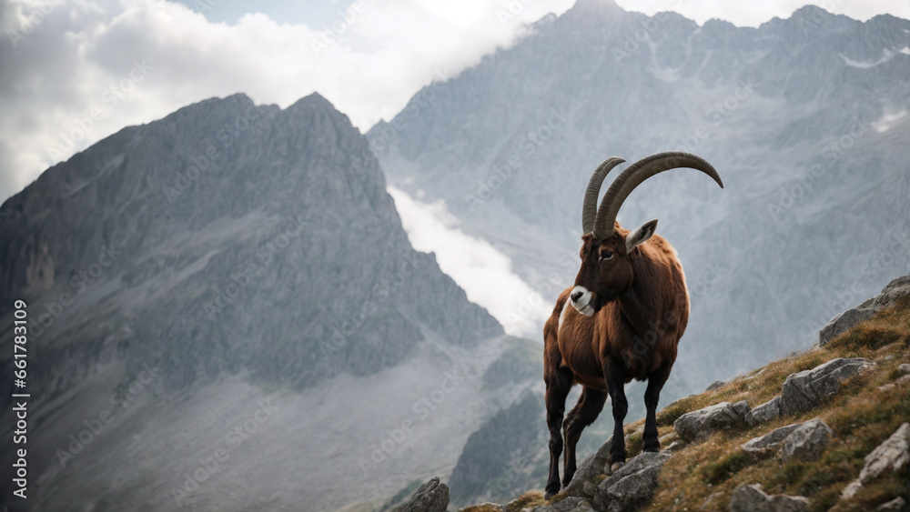 Bellissimo stambecco maschio con corna lunghe e muscolatura possente su un pendio con le montagne delle Alpi sullo sfondo