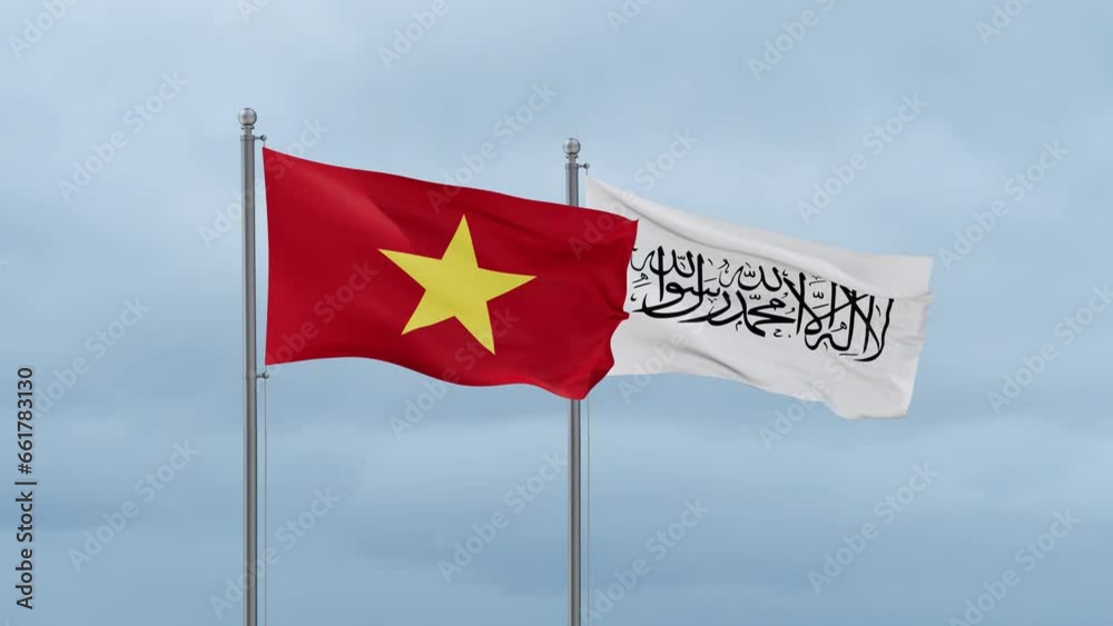 Vietnam flag and Afghanistan flag waving together on cloudy sky, endless seamless loop Vietnam flag and Afghanistan flag waving together on cloudy sky, endless seamless loop