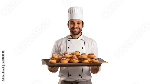 Pâtissier en tenue présente ses pâtisseries sur un plateau avec transparence, sans background