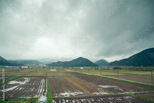 Rural Japan with rice fields & mountains, between Tokyo & Kyoto