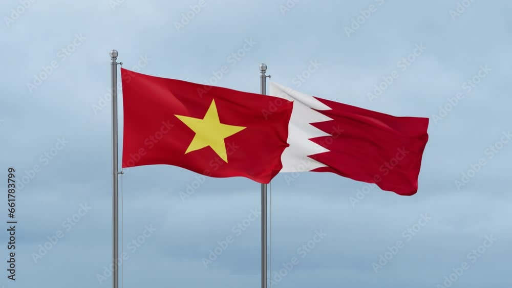 Bahrain flag and Vietnam flag waving together on cloudy sky, endless seamless loop, two country relations concept Bahrain flag and Vietnam flag waving together on cloudy sky, endless seamless loop, two country relations concept