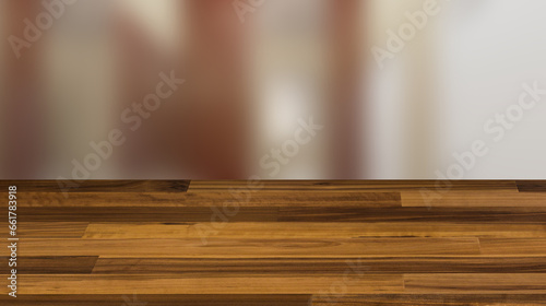 Contemporary interior of public toilet. 3D rendering., Background with empty wooden table. Flooring.