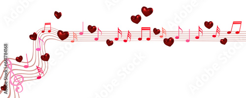 musical notes, chords with heart, horizontal long panorama of beautiful red, pink texture, decoration, love, engagement background for design, postcards, concept of marriage proposal, Valentine's Day