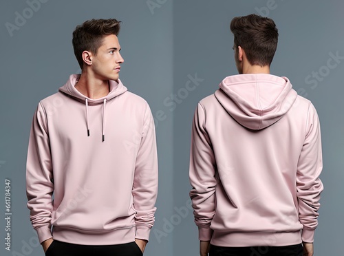 Front and back view of a pink hoodie mockup for design print