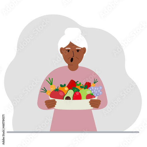 A woman with a large plate of healthy organic food - vegetables and fruits. The concept of healthy food, healthy lifestyle, vegetarianism, agriculture.