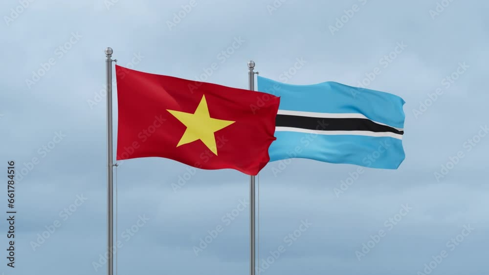 Botswana flag and Vietnam flag waving together on cloudy sky, endless seamless loop, two country relations concept Botswana flag and Vietnam flag waving together on cloudy sky, endless seamless loop, two country relations concept