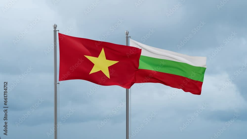 Bulgaria flag and Vietnam flag waving together on cloudy sky, endless seamless loop, two country relations concept Bulgaria flag and Vietnam flag waving together on cloudy sky, endless seamless loop, two country relations concept