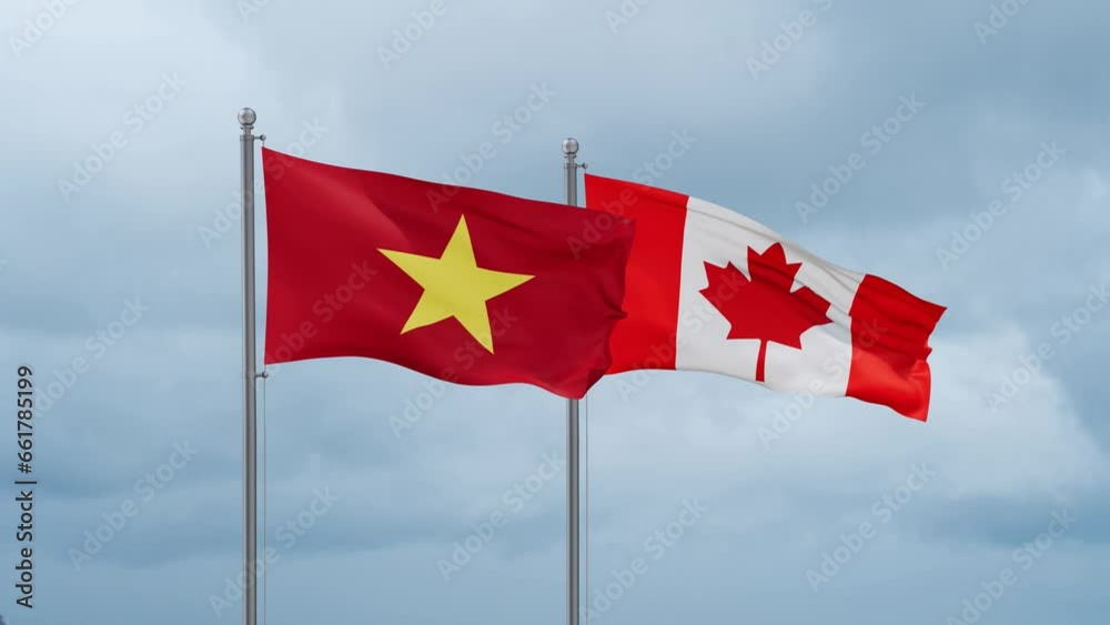 Canada and Vietnam flag waving together on cloudy sky, endless seamless loop, two country cooperation concept Canada and Vietnam flag waving together on cloudy sky, endless seamless loop, two country cooperation concept