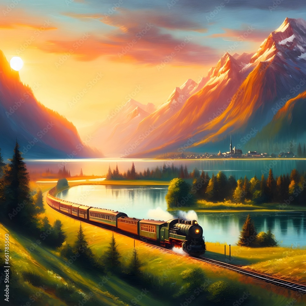 an image of a train going by a river at sunset