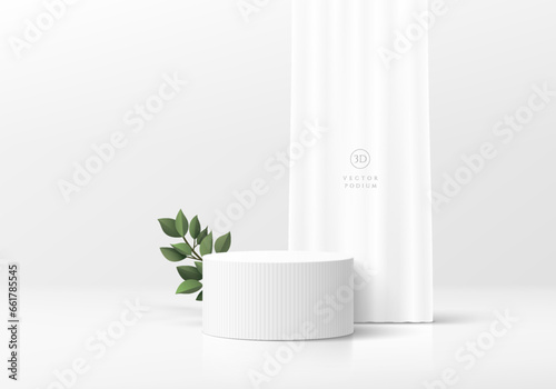 3D white cylinder podium pedestal background with soft curtain and green leaf scene. Abstract minimal mockup or cosmetic product display presentation, Stage showcase. Platforms vector geometric design