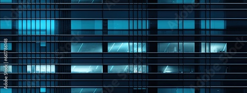 Seamless skyscraper facade with blue tinted windows and blinds at night. Modern abstract office building background texture with glowing lights against dark black exterior walls