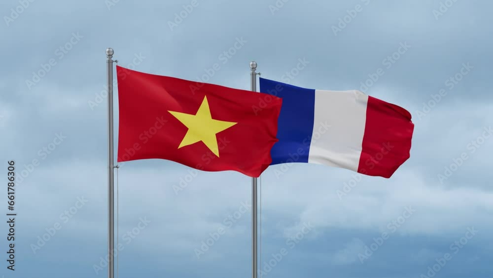 France and Vietnam flags waving together on cloudy sky, endless seamless loop, two country relations concept France and Vietnam flags waving together on cloudy sky, endless seamless loop, two country relations concept