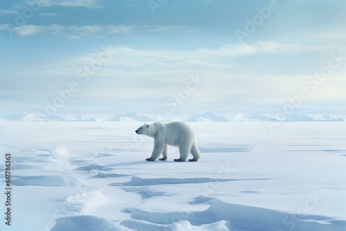 A polar bear walks across the snowy Arctic tundra  seamlessly blending with the icy landscape. Generative AI