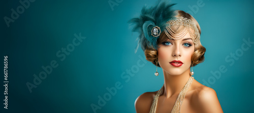 Joyful woman in 1920s flapper dress and hat poses, ready for a vintage themed party against a studio background photo