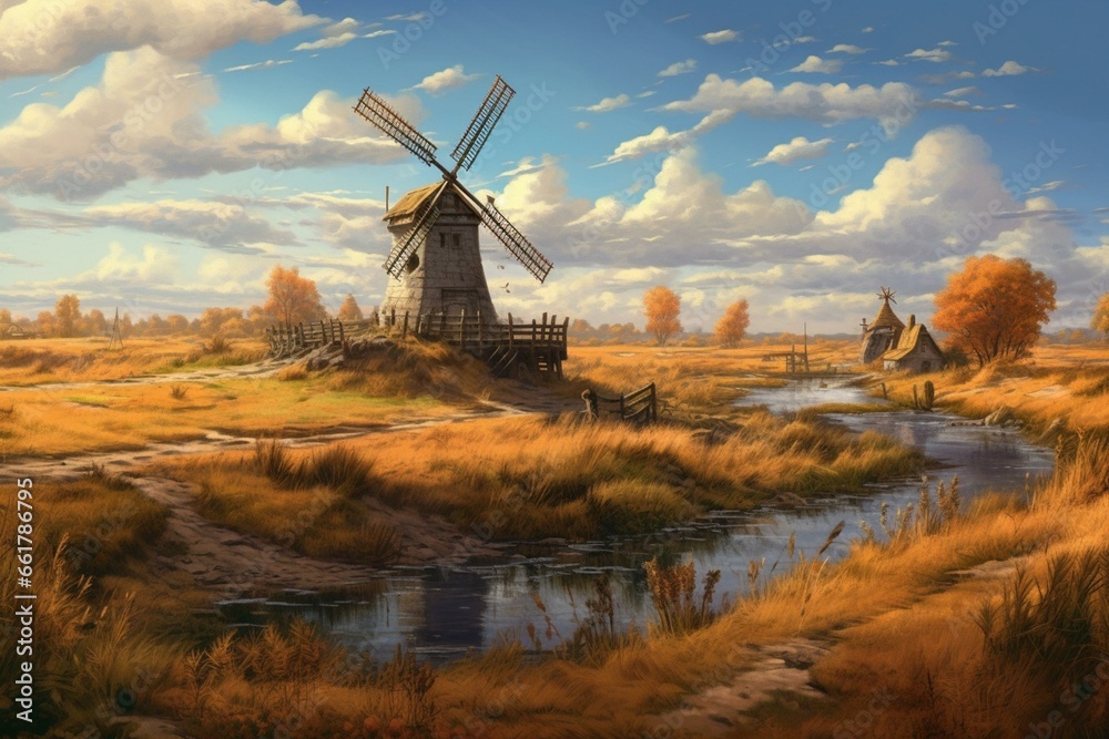 A scenic fall landscape featuring a field teeming with tall grasses, accompanied by blue skies and traditional windmills. Generative AI