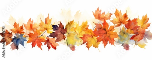 Autumn watercolour illustration. Maple colourful leaves. Panoramic banner  template  card  texture  ornament. AI generated stylised digital design. 